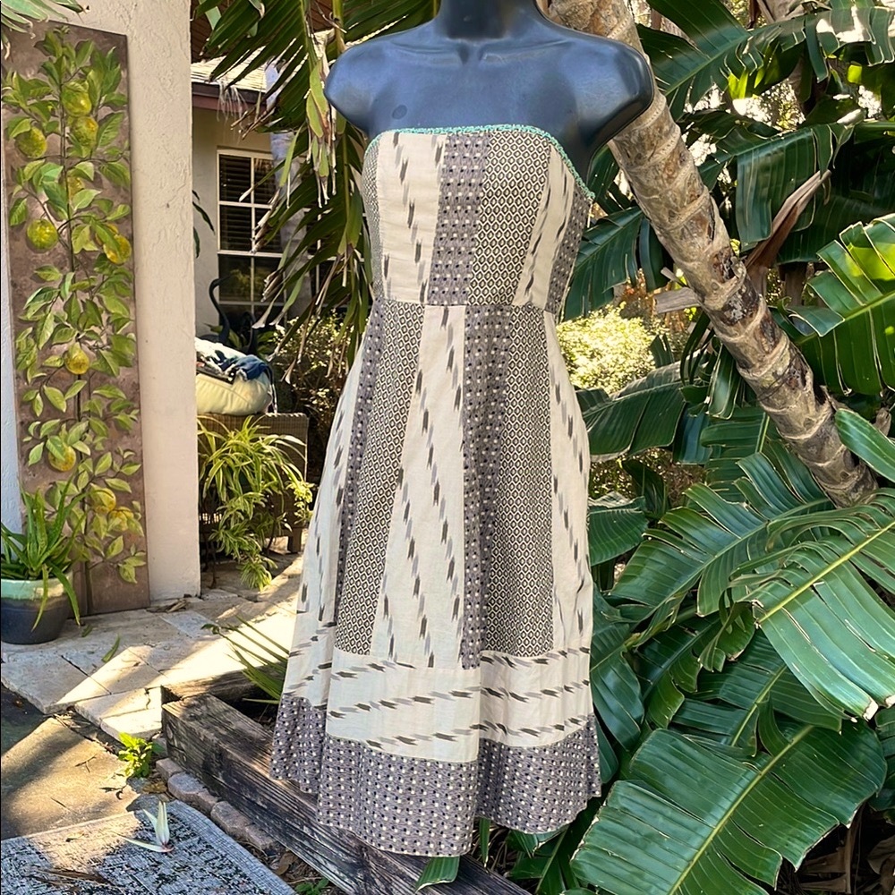 anthropologie strapless, patchwork fit, and flare dress
